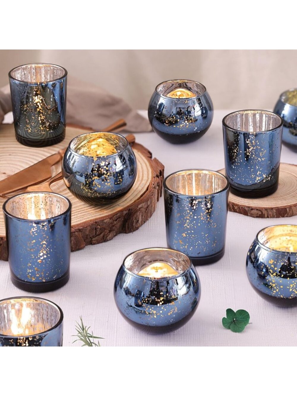 12PCS Mercury Glass Votive Candle Holders - Assorted Blue Tealight Set